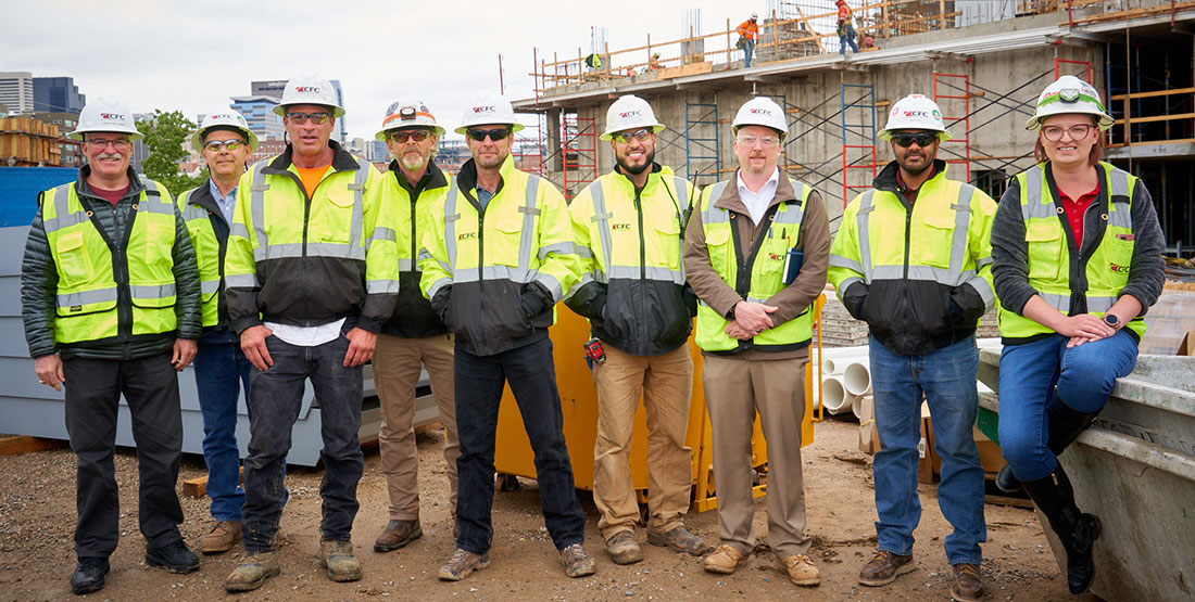 Members of the award-winning team include (from left to right) Senior Project Manager Grant MacDonald, Senior Superintendent Matt Johnson, Carpenter Foreman Mike Peterson, Project Superintendent Wyatt Breum, Project Engineer Paul Pruett, Carpenter Rene Beltran, Senior MEP Manager Dan Brown, Project Engineer Sajid Faiz, and Office Engineer Nicole Lopez. (Not pictured: Project Superintendent Richard Hunt, Project Accountant Ashleigh Valorz, and Laborer Gregorio Sandoval.)